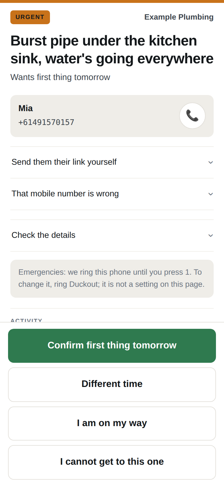 The tradie's job page for the Example Plumbing call